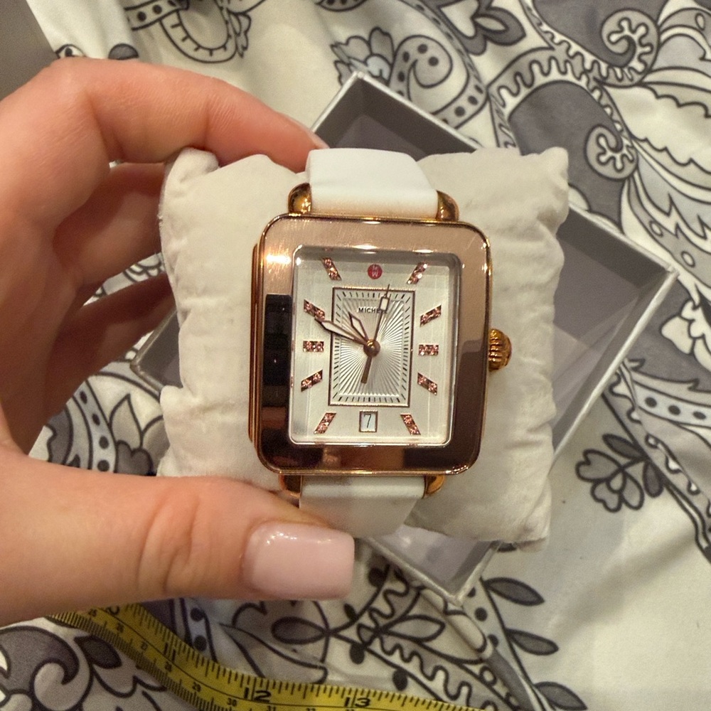 Michele Deco rose gold and white watch with silicone strap